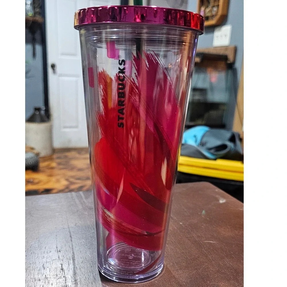 Starbucks‎ 2014 Red Magenta Brushstroke Venti Cold Cup Tumbler 24oz With Straw